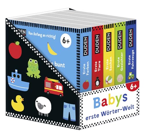 Duden 6+: Babys erste Wörter-Welt (Würfel): 5 Mini-Bücher | Kontrastbücher für die visuelle Entwicklung von Kleinkindern ab 6 Monaten (Pappbilderbuch Bücher-Würfel, Band 14)