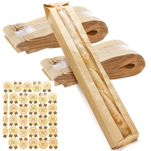 ZENFUN 100 Pack Baguette Kraft Bags with Clear Front Window and 100 Seal stickers, Fresh Bread Loaf Packing Bags, 23″x4″x1.6″ Long Bread Kraft Paper Bakery Storage Bag for Bread, French Bread