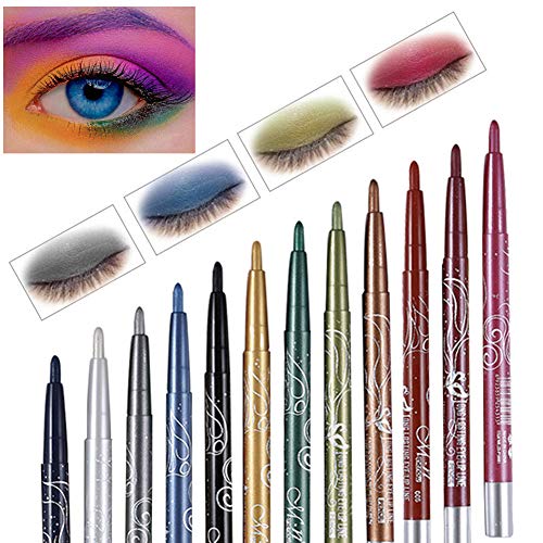 Fashionwu Waterproof Eyeliner, 12 Colors Eye Liner Eyeshadow Pencil Eye Shadow Highlight Pen, Professional Long-Lasting Milti-Functional Cosmetics Makeup Tool (1 Set - 12pcs)
