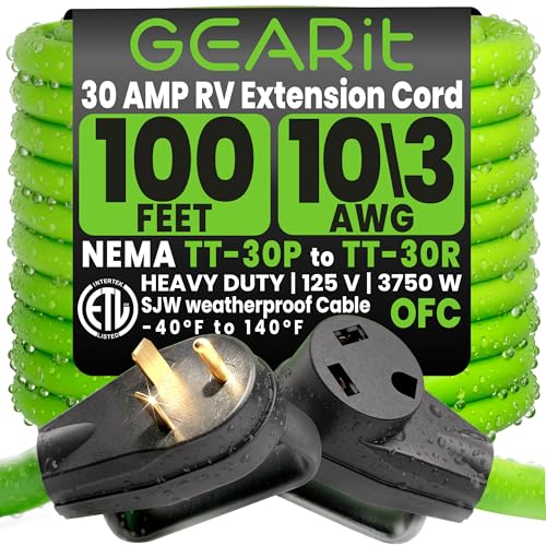 GEARit 30 Amp RV Extension Cord 100 Ft 10/3 STW 30Amp RV Power Cord 125V 3750W NEMA TT-30P to TT-30R 3 Prong Waterproof Heavy Duty for Camper Travel Trailer
