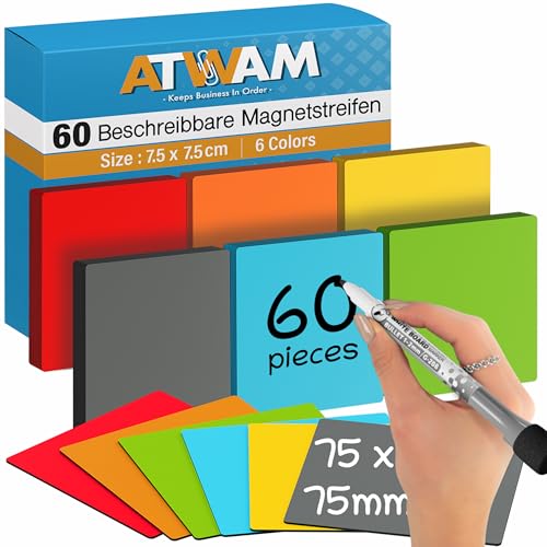 ATWAM 60 Magnetstreifen Beschreibbar - 75 x 75 mm - 6 Farben - Scrum & Kanban - Beschreibbare Magnete - Für Whiteboard Magnettafel Magnetwand & Kühlschrank