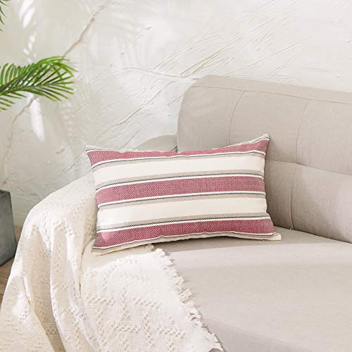 NATUS WEAVER Stripe Throw Pillow Cover Case Faux Linen Lumbar Decorative Throw Cushion Cover Multi Color Pillowcase with Smooth Hidden Zipper for Sofa Bed Car Red White 1 Piece 12"x 18"