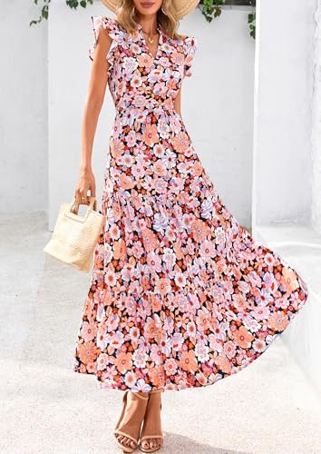 Image of PRETTYGARDEN Women's 2026 Summer Floral Midi Dress Cap Sleeve V Neck Ruffle Long Flowy Boho Casual Beach Vacation Dresses