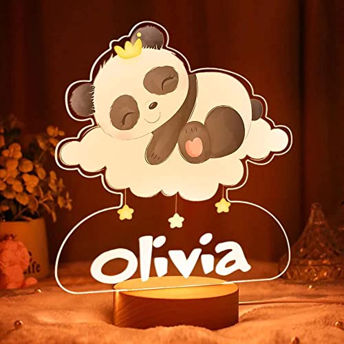 VEELU Veilleuse pour Enfant Panda Personnalisé Prenom LED Lampe Lumière de Chevet Cadeau de Baptême pour Garçon et Fille Naissance Décoration de Chambre Bebe
