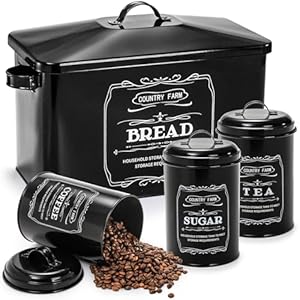 yarlung Metal Bread Box with 3 Kitchen Canisters Set, Large Black Farmhouse Bread Tin for Kitchen Countertop, Coffee Tea Sugar Canister with Lid for Pantry Organizer Home Storage yarlung Metal Bread Box with 3 Kitchen Canisters Set Large Black Farmhouse Bread Tin for Kitchen Countertop Coffee Tea Sugar Canister with Lid for Pantry Organizer Home Storage