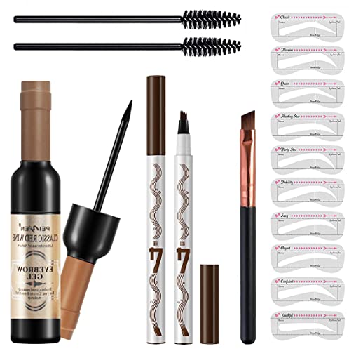 Eyebrow Powder Gel, Eyebrow Tattoo Pencil,long Lasting Waterproof Buildable with 10 Reusable Eyebrow Stencil 2 Style (Dark Brown)