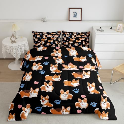 Feelyou Corgi Conjunto de edredom fofo com estampa de cachorro para crianças, meninos e meninas, conjunto de edredom de desenho animado Corgi Kawaii Animal Thmeme edredom 1 conjunto de edredom com 2 fronhas tamanho completo