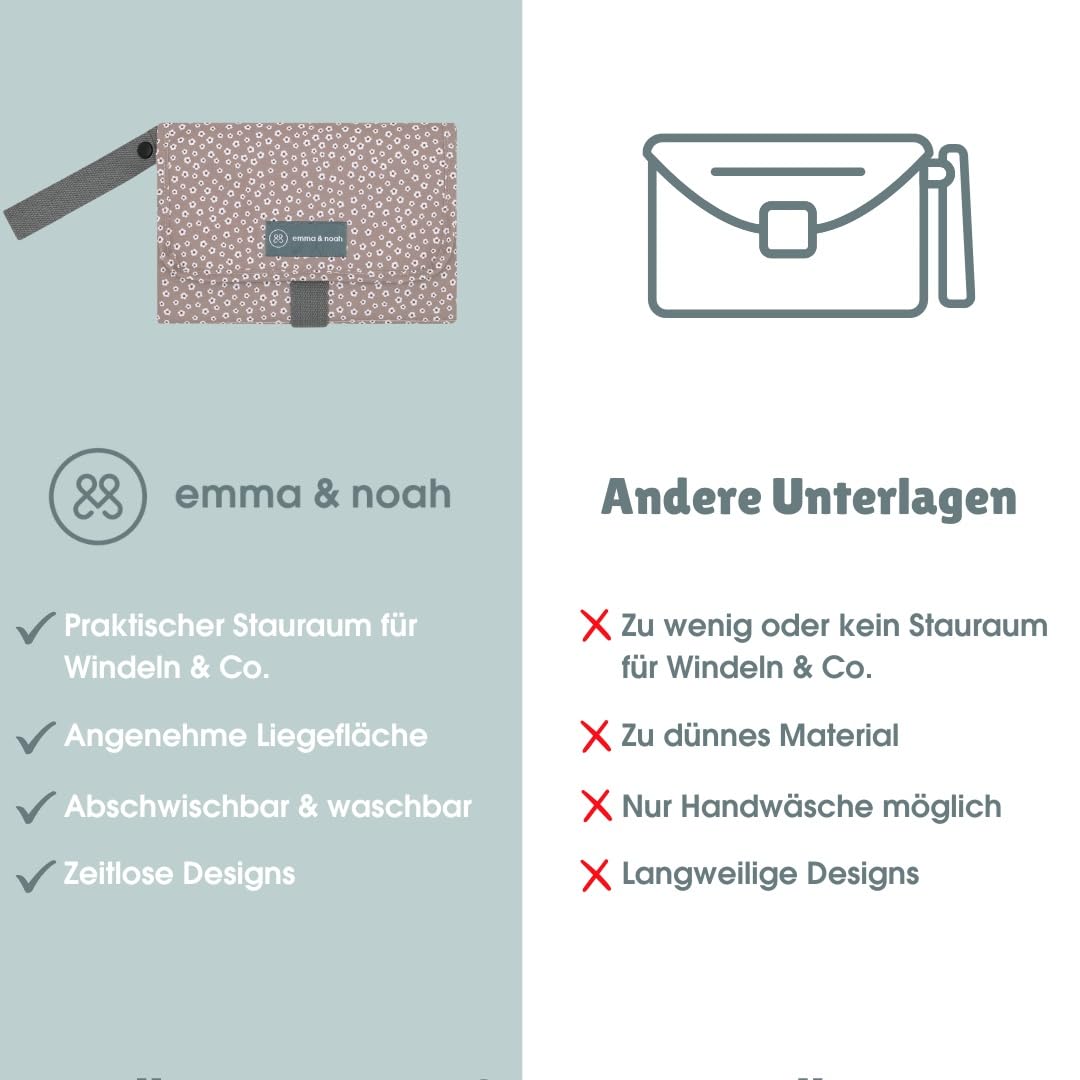 emma & noah Wickelunterlage für Unterwegs, 82x52 cm (gefaltet 25x18 cm), Abwaschbar, Wickeltasche mit Windeltasche für den Kinderwagen, Organizer für Windeln und Feuchttücher (Leo Grau)