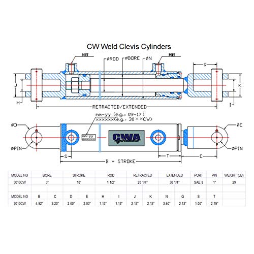 Image of CW Weld Clevis Cylinder 3 inch Bore x 10 inch Stroke x 1 1 /2 inch Rod x SAE 8 Port x 3000 PSI