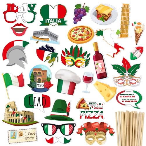 Italian Party Decorations Photo Booth Props, 30 Pcs Italy Theme Selfie Signs with Sticks, Roman Pizza Venice Mask Cutouts, Funny Spaghetti Dinner Night, Chef Birthday Supplies