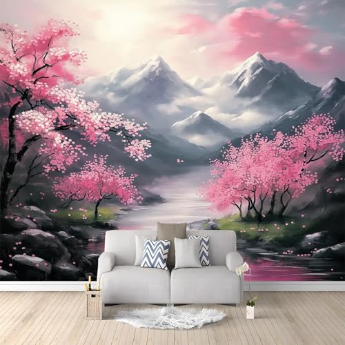 Papier Peint Intissé 200 x 140 cm Photo Mural Style Japonais Fleurs de Cerisier Montagnes Panoramique pour Chambre Salon Salle Mur Décoration Rose Imprimé...