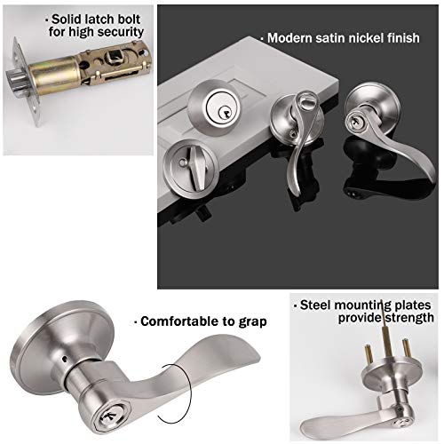 Knobonly 5 Pack Wave Style Door Handleset Locksets, Entrance Door Levers With Single Cylinder Deadbolts In Satin Nickel Finish, All Keyed Alike Front/Entry Doors #TOP4