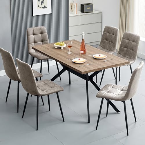 ANVOFONG Conjunto de Comedor, Mesa Rectangular de Madera Oscura de 140 x 80 x 76 cm, 6 sillas de Comedor de Tela técnica Caqui, Adecuado para comedores, cocinas u oficinas.