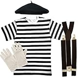 Schwarz-weiß gestreiftes T-Shirt + Schwarz / Navy Beret + Schwarze Hosenträger + Weiße Handschuhe