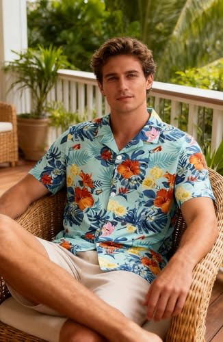 Image of Cromoncent Matching Hawaiian Outfits for Family, Dad and Son Matching Luau Beach Tropical Shirts Mommy Daughter Tropical Sets