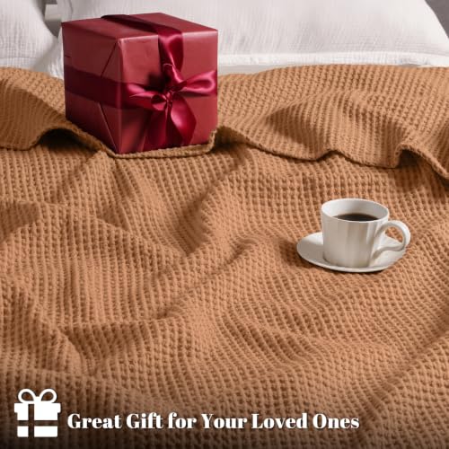 Image of PHF Pre-Washed Cotton Waffle Weave Blanket King Size for Bed, Snag Proof Throw Blanket for Couch Spring Summer Lightweight Breathable,Oeko-TEX Certified,Machine Washable,Home Decor Gift-Cinnamon Brown