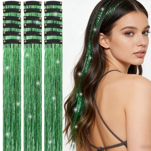USHUIUS Hair Tinsel Clip in, 18 Clips Glitter Tinsel Hair Extensions 20 Inch Clip in Hair Tinsel Heat Resistant Sparkly Fairy Hair Accessories for Girls Women Party Festival Daily Wear (Green 18Pcs)
