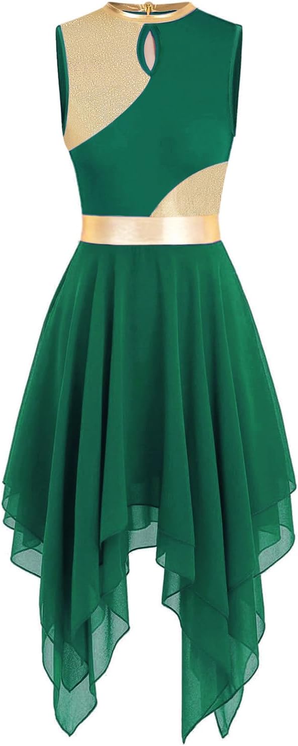 Women's Praise Dance Overlays Dress Tunic Metallic Color Block Sleeveless Irregular Hem Worship Lyrical Dance Dress