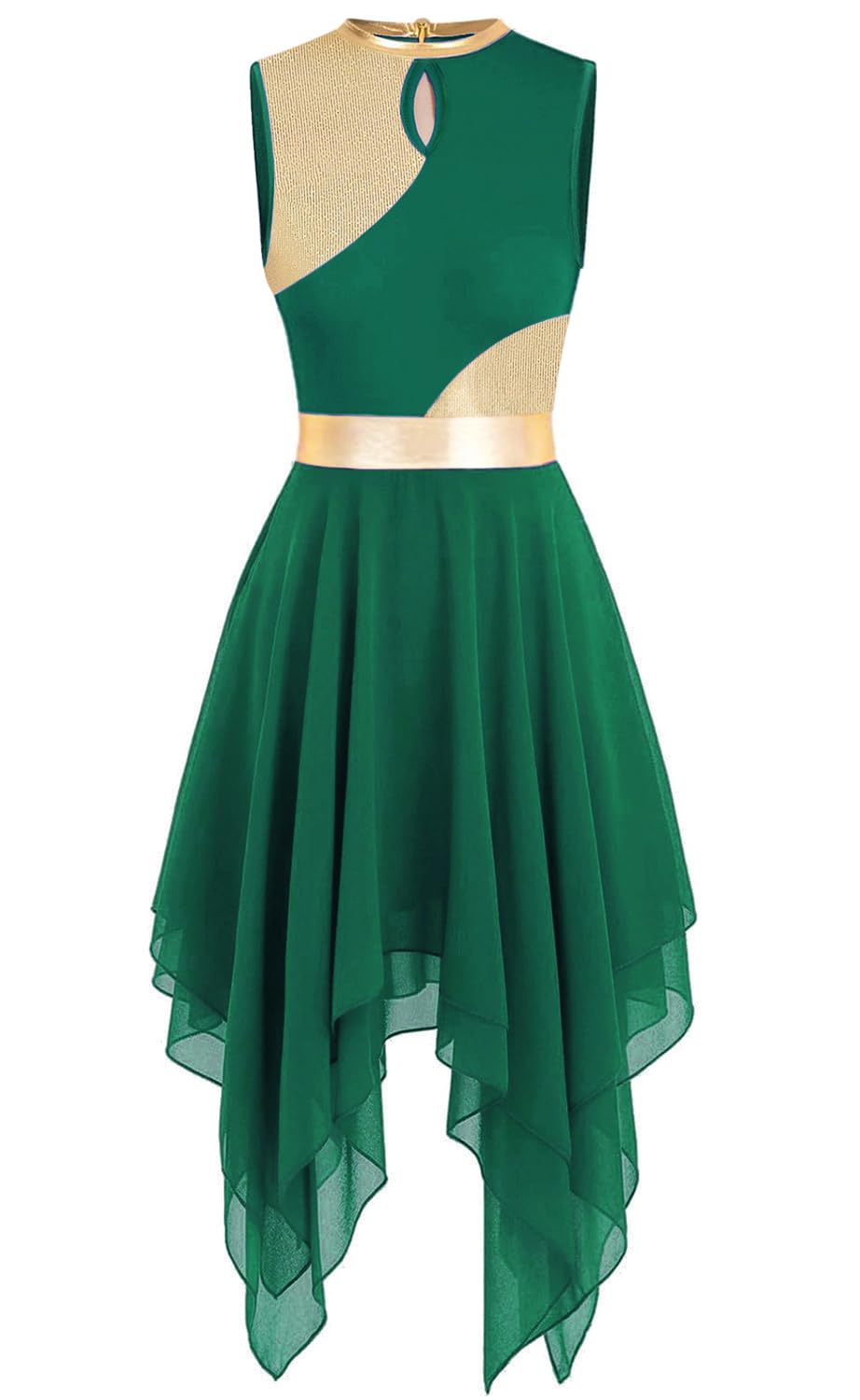 yrsZX Women's Praise Dance Overlays Dress Tunic Metallic Color Block Sleeveless Irregular Hem Worship Lyrical Dance Dress