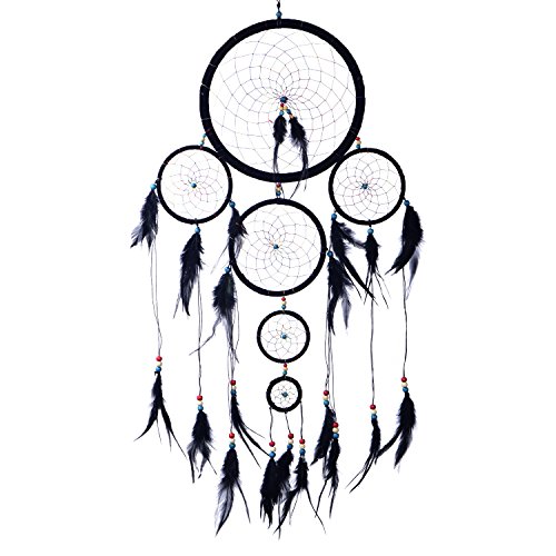 DonDon Atrapasueños Dreamcatcher Grande XXL para sueños Buenos con Perlas y Plumas Naturales Negro - Ø 28 cm