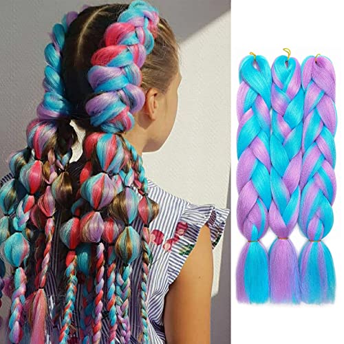 Kanekalon Extensiones Para Trenzas, CFMY 24" Pelo Para Trenzas Africanas, 3Pcs Pelo Sintetico Para Trenzas Omber Jumbo Braiding Hair Extensiones Trenzas Africanas(mezcla de azul claro y morado claro) Cover