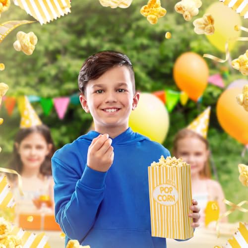 Image of Potchen 200 Pcs Paper Popcorn Bags Bulk 2 oz Large Individual Serving Popcorn Bag Flat Bottom Disposable Container Vintage for Movie Night Themed Summer Back to School Party Carnival (Yellow)