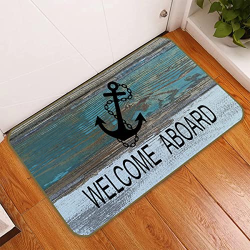 Uinhmop 17''×30'' Vintage Welcome Aboard Decorative Doormat,Rustic Nautical Anchor Navigation Floor Mats,Farmhouse Decor For Home Room Beach House Porch Outdoor Indoor,Sea Lovers Gift #TOP2