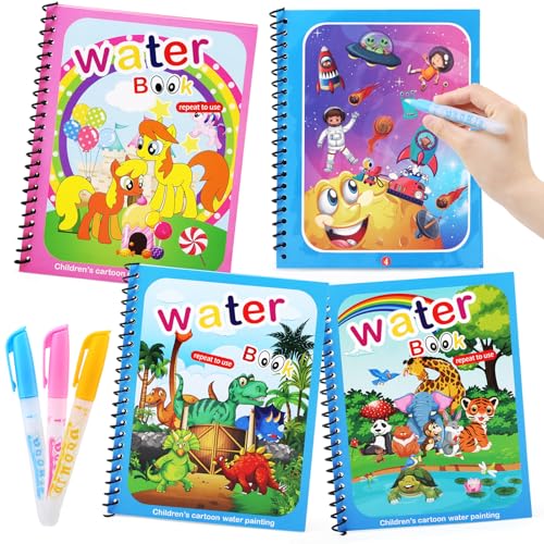 JoyPlus 4 Pezzi Libro di Pittura ad Acqua con 4 Penna Acqua, Libro Magico ad Acqua da Colorare, Riutilizzabili Libro da Colorare con Acqua per Bambini, Libri da Colorare Giocattolo Regalo per Bambini