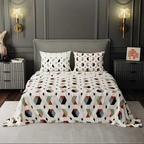 Image of BLISSHOME SoftTouch 150TC Cotton King Size Printed Bedsheet with 2 Pillow Covers for Double Bed, Silky Smooth Bedding Set, Breathable, Easy Maintain, Geometric Pattern - Cream (228cm X 274cm)