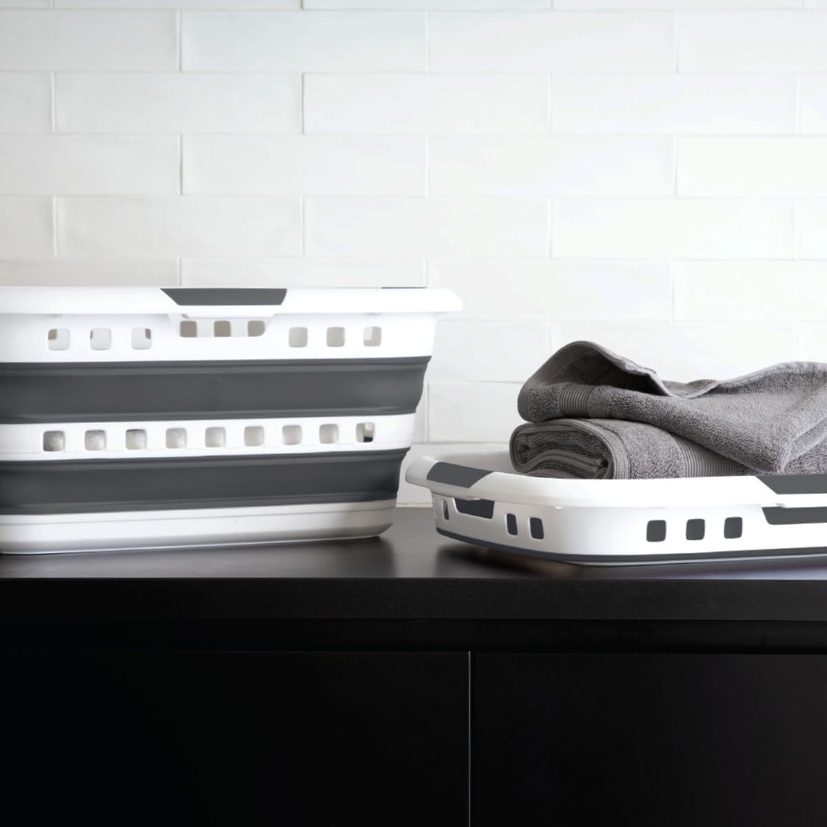 5 five simply smart 5five - Cesto de Ropa plegable de 45 l - 3 asas ergonómicas - Cesto de Ropa retráctil Rectangular - Gran capacidad - Gris y Blanco
