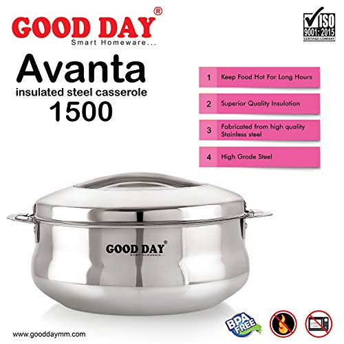 Image of Good Day Avanta-15 Insulated Stainless Steel Serving Casserole with Lid, 1500 ml, Silver