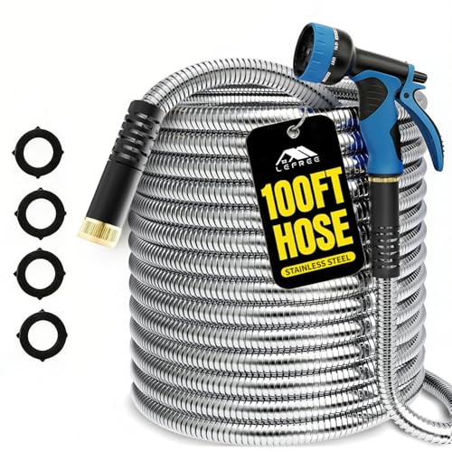 Lefree 100ft Metal Garden Hose - Heavy Duty 304 Stainless Steel Flexible Water Hose, No Kinks & Leak-Proof with Upgraded Handle, 10-Function Spray Nozzle & 4 Spare Gaskets for Yard, RV, Pet Bath