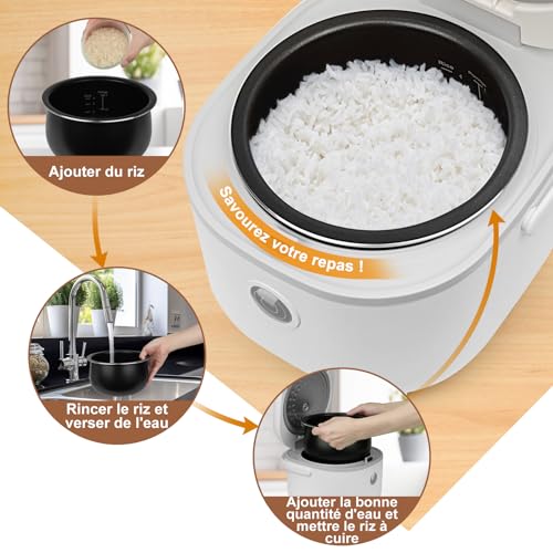 Bear Cuiseur de riz 4 tasses (non cuit) avec Cuiseur Vapeur, Multifonctionnel 350W Electric Mini Rice Cooker,6 Fonctions de Cuisson du riz pour 2-4 personnes,Blanc – Image 3