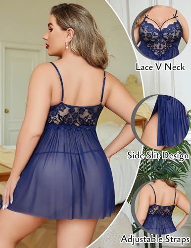 Image of Avidlove Plus Size Lingerie Lace Babydoll Womens Strap Chemise Nightgown V Neck Nighty Mesh Sleepwear Side Slit Nightdress