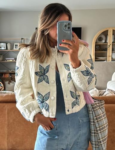 Wyeysyt Women's Floral Embroidered Cropped Quilted Jacket Lightweight Button Down Bomber Jacket Puffer Coat with Pockets2