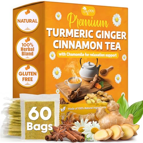 Image of TOG999, Turmeric Ginger Cinnamon Tea Bags | 60 Count | Herbal Blend with Turmeric, Ginger, Cinnamon Stick & Chamomile Flowers for Relaxation | Naturally Flavorful, Caffeine-Free | Packed in Paper Box