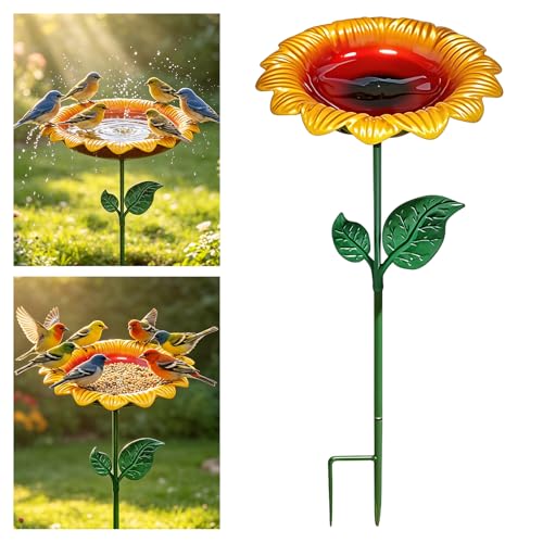 Vasca per Uccelli da Esterno in Metallo, 64CM Girasole Bagno per Uccelli Staccabile, Bagnetto e Abbeveratoio da Giardino, Mangiatoia per Uccelli Selvatici, per Esterni, Terrazza, Giardino, Cortile