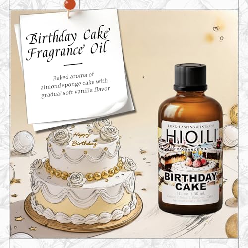 Image of HIQILI Birthday Cake Fragrance Oil for Diffusers, Candle & Soap Making, Add to Aromatic Air Freshener Spray, Premium Grade - 1Fl Oz
