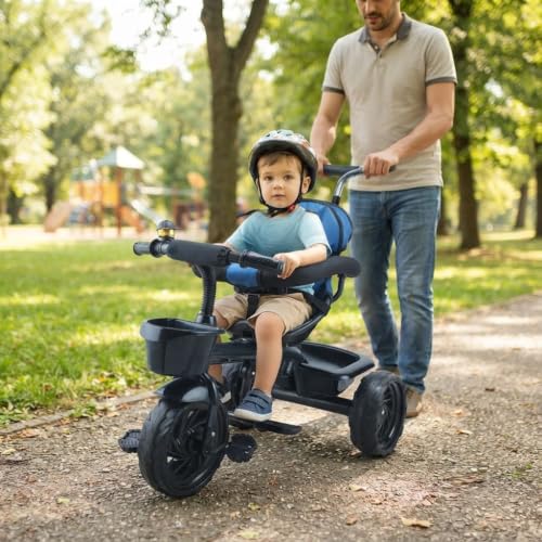 Image of JoyRide Learn-to-Ride Trike on 3 Wheels with Safety Harness, Non-Slip Pedal,Storage Basket and Removable Parent Handle (Dark Blue)