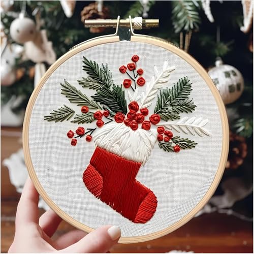 Image of UQRUI Christmas Embroidery Kits for Adults BeginnersEmbroidery Patterns, Ornament Embroidery Kit,Cross Stitch Kits (Stocking A)