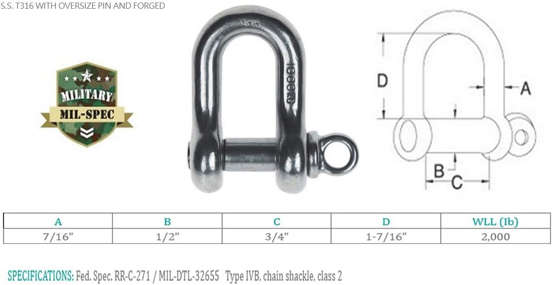 Prolinemax Marine Boat Stainless Steel T316 Forged 7/16" Screw Pin Chain Shackle 2000 Lb WLL