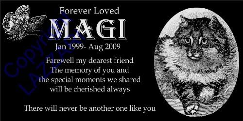 Lazzari Collections Personalized Longhaired Tabby Calico Cat with Butterfly Pet Memorial 12"x6" Engraved Black Granite Grave Marker Headstone Plaque MAG1