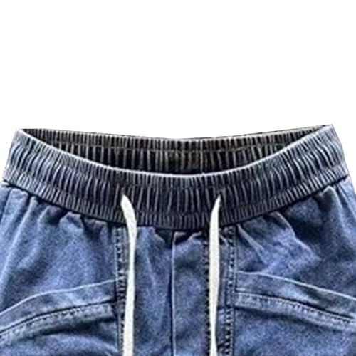 Men's Stretchy Drawstring Jeans Elastic Waist Slim Fit Denim Pants Tapered Regular Washed Jean Pant3