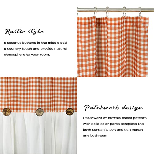 Forest Dance Farmhouse Rust And Ivory Buffalo Plaid Shower Curtain, Boho Rustic Decorative Bathroom Curtain With Buttons, Vintage Natural Textured Cotton Linen Fabric Shower Curtain, 72 X 72 In #TOP1