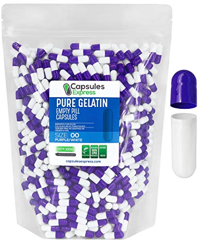 Capsules Express- Size 00 Purple and White Empty Gelatin Capsules 1000 Count - Kosher and Halal - Pure Gelatin Pill Capsule - DIY Powder Filling