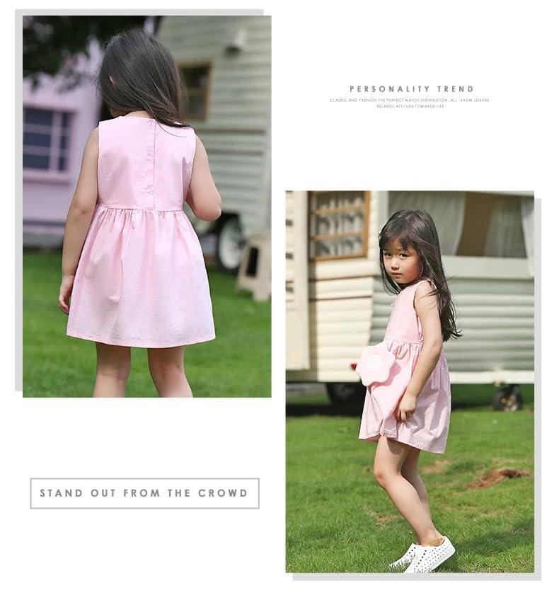 Girls Cotton Sleeveless Dress, Pink Summer Dress with Flower Accent, Embroidered Necklace Design4