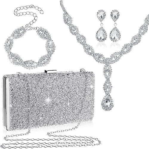 Mixweer 4 Pieces Clutch Purses Bag for Women Evening Rhinestone Jewelry Set Bling Necklace Earrings Bracelets Set for Wedding, Rhinestone, Rhinestone