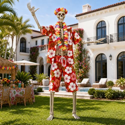 4 Pcs 12ft Skeleton Hawaiian Outfit Set Tropical Hibiscus Shirt and Shorts with Flower Leis & Headband Giant Skeleton Summer Beach Vacation Clothes Outdoor Yard Lawn Decoration Accessory