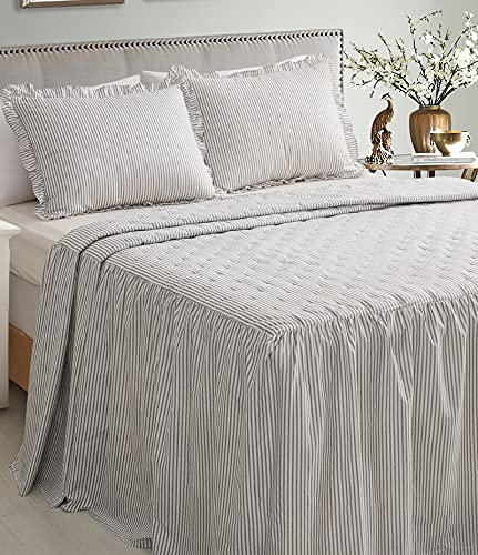 Chixin Ruffle Skirt Bedspread - 30" Long Drop, Shabby Chic Farmhouse Style, Lightweight, 3 Piece - Ticking Stripe (King, Light Grey) #TOP1