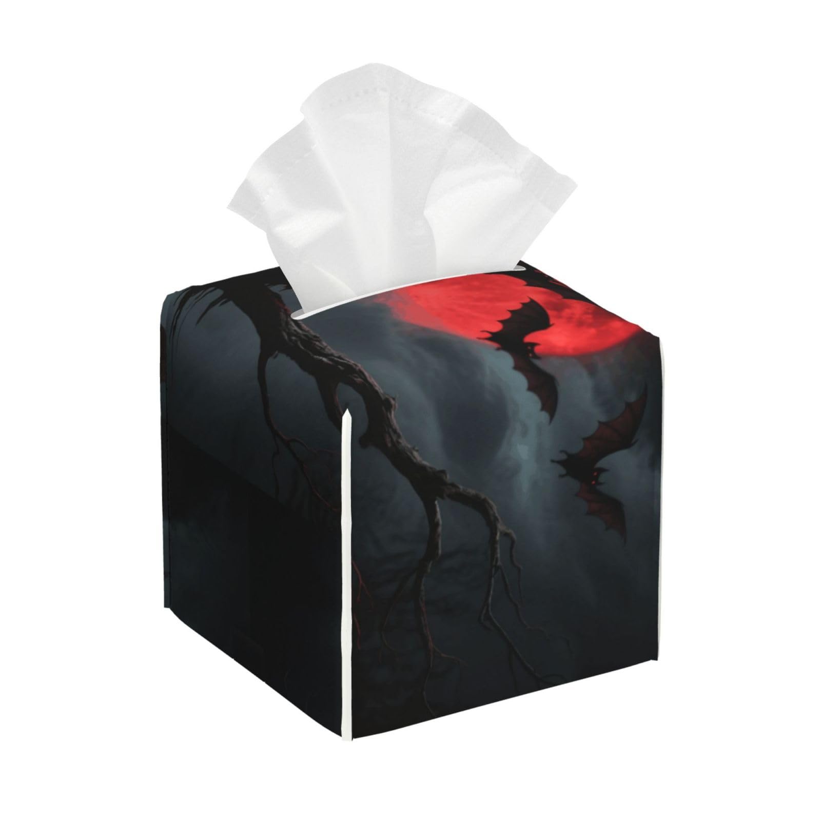 Pu Leather Cube Tissue Box Holders Modern Waterproof Square Tissue Box Cover Halloween Moon Bat Facial Paper Holder for Bathroom Kitchen Nightstand Office Home Decor